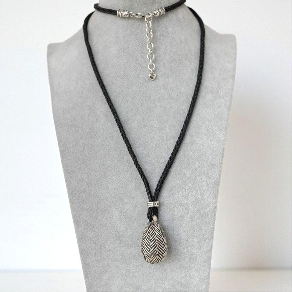 Brighton Neema Oval Pendant Necklace Braided Leather Cord Retired Silver